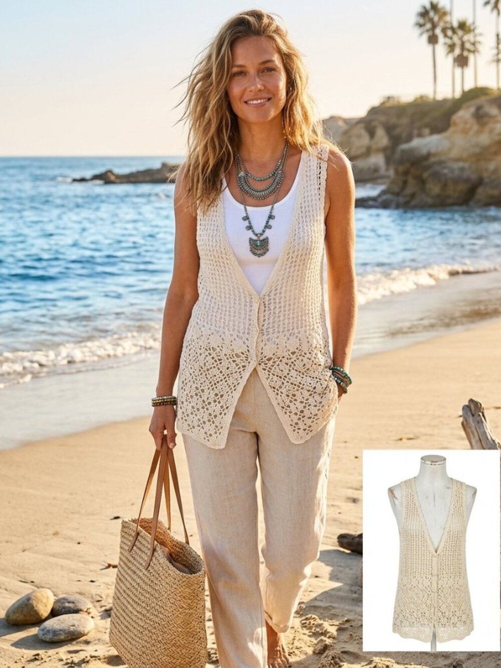 JH Collectibles Size LP Ivory Open Weave Crochet Lace Boho Button Front Tank
